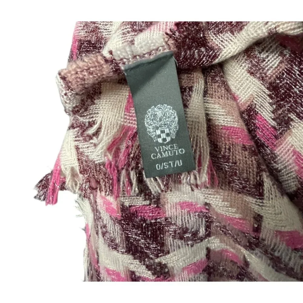 Vince Camuto Pink Burgundy Cream Metallic Houndstooth Fringed Scarf Wrap‎